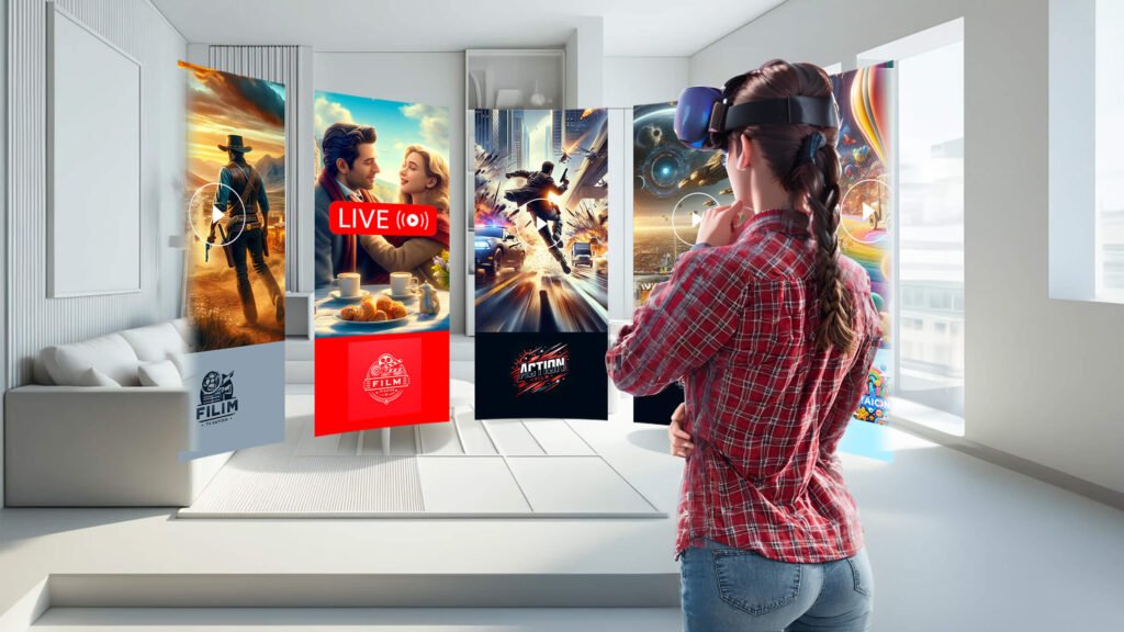 Futuristic graphic of mobile screens projecting short videos in AR/VR environments - short form video