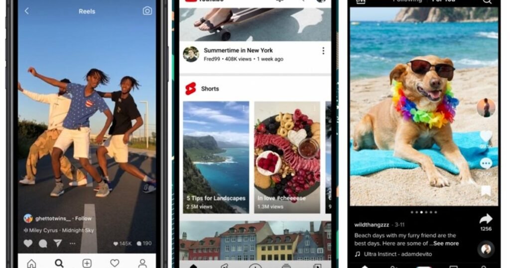 Screenshot collage of engagement features — TikTok duets, Instagram Reels shares, YouTube Shorts comments.) - short form video
