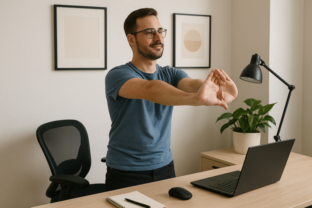 A person doing light stretching or a desk workout beside their workspace - remote working jobs