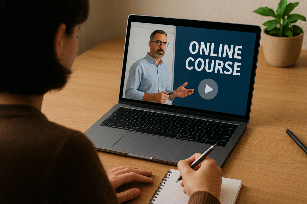 A person taking notes while watching an online course - remote working jobs