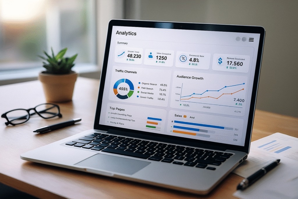 An illustration of an analytics dashboard on a laptop - small business online marketing