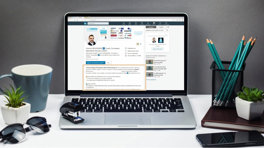A laptop screen showing a modern LinkedIn profile - remote working jobs