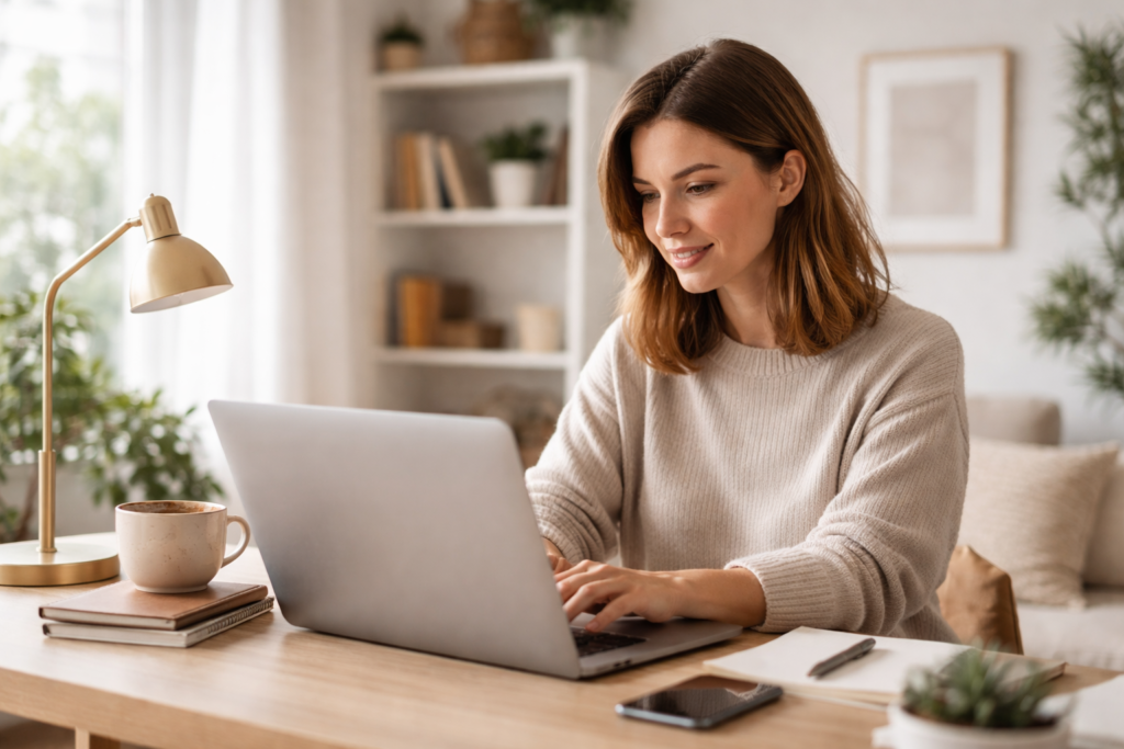 An image showing a beginner working on a laptop at home (home office, calm setup) - online business ideas for beginners
