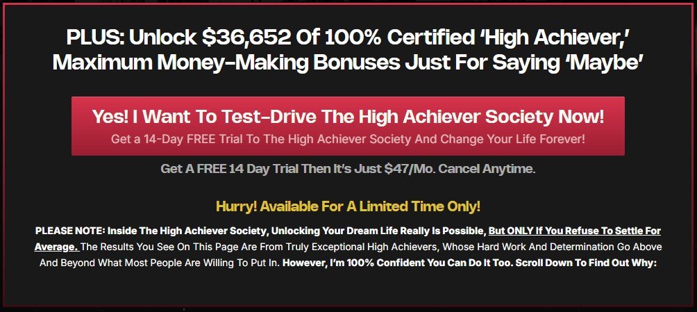 High Achiever Society pricing showing 14-day free trial and $47 per month membership plan