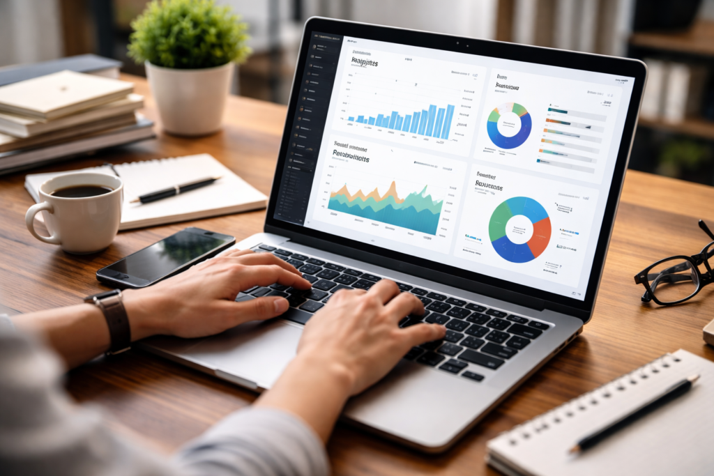 professional using laptop analytics dashboard to build high income skills online