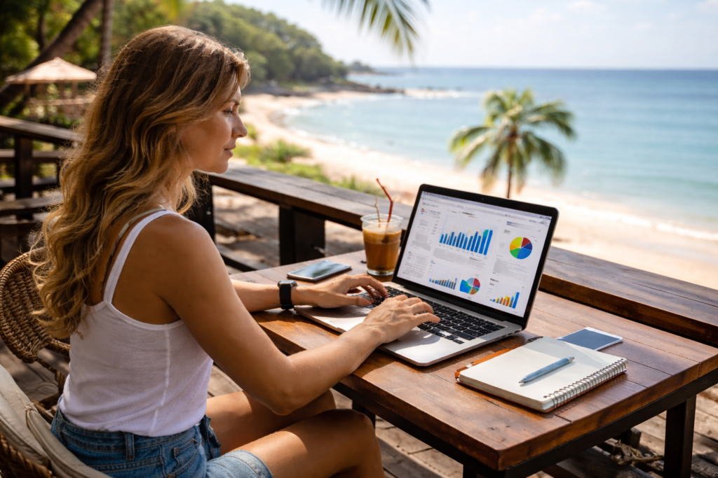 entrepreneur working remotely building location independent income online