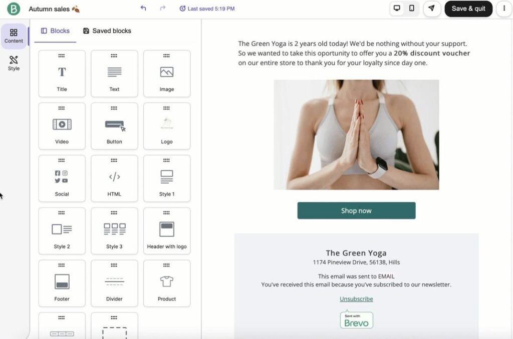 Brevo’s email campaign builder interface with an automation workflow.