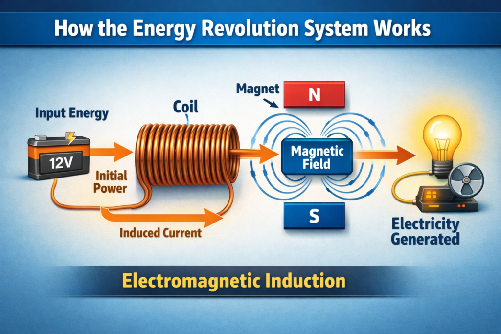 How the Energy Revolution System works using electromagnetic induction with coils and magnets
