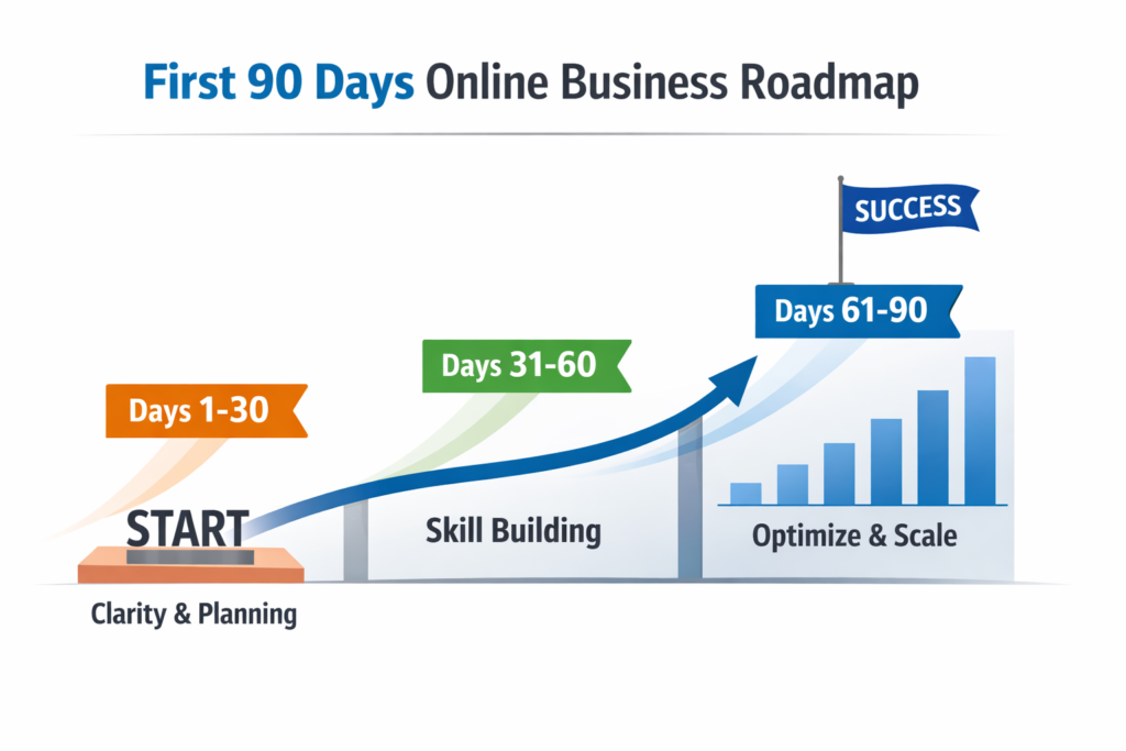 first 90 days online business roadmap showing growth from day 1 to day 90
