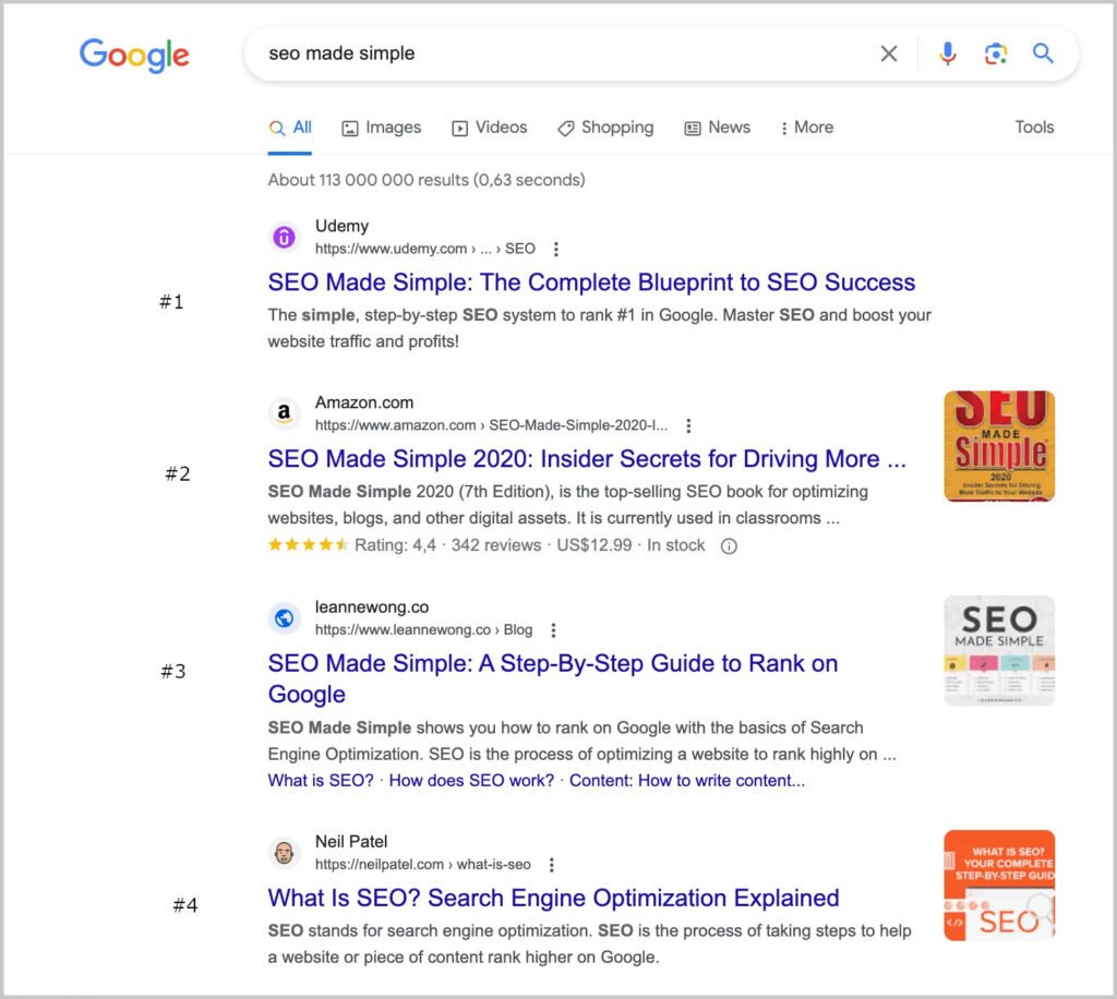Google search ranking example