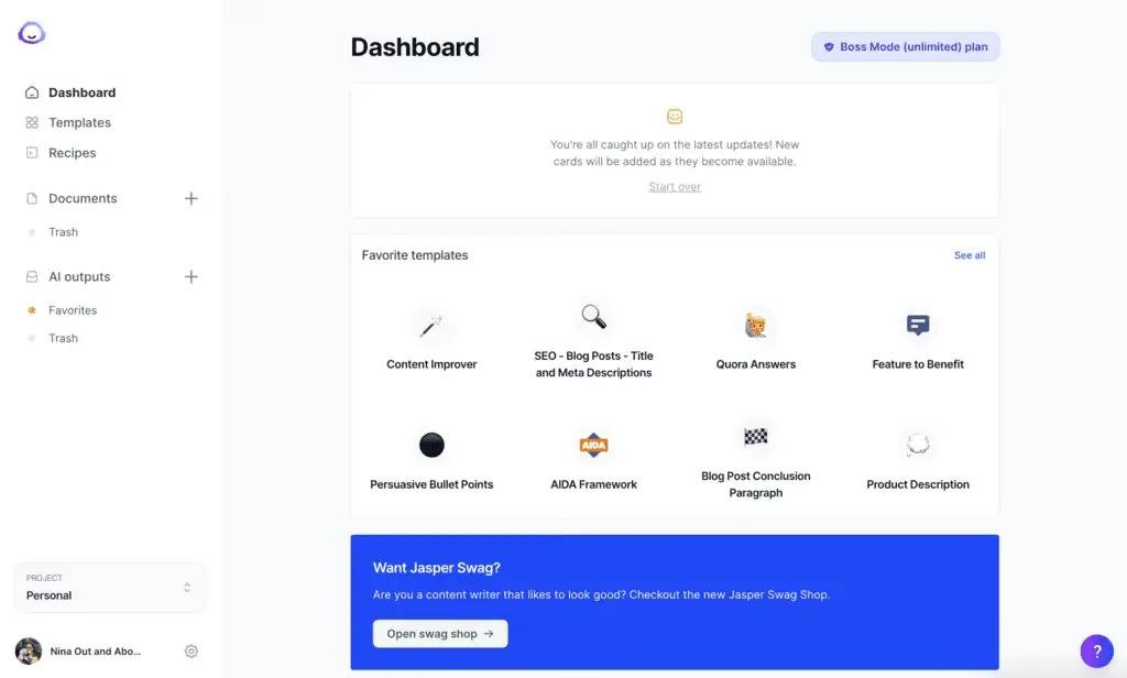 Jasper AI dashboard interfaace