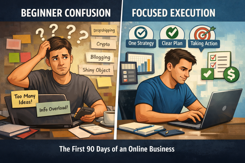 difference between beginner confusion and focused online business execution in first 90 days