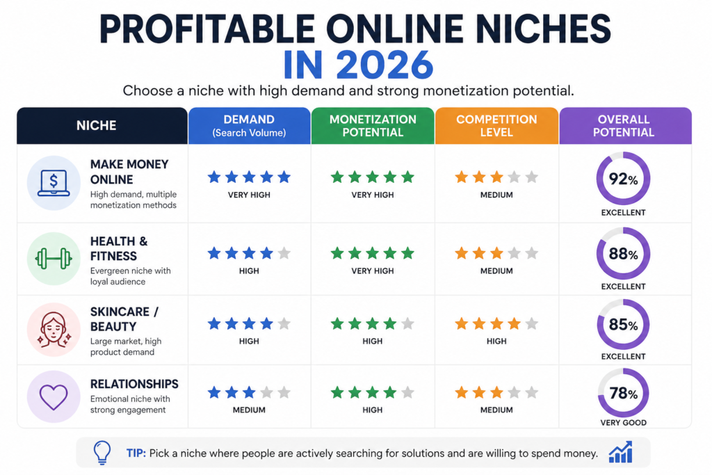 profitable niche examples chart showing demand and monetization potential in 2026