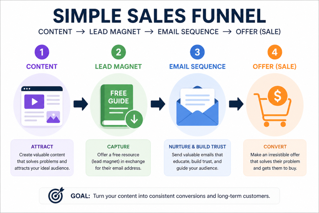 simple sales funnel showing content, lead magnet, email sequence, and final offer conversion