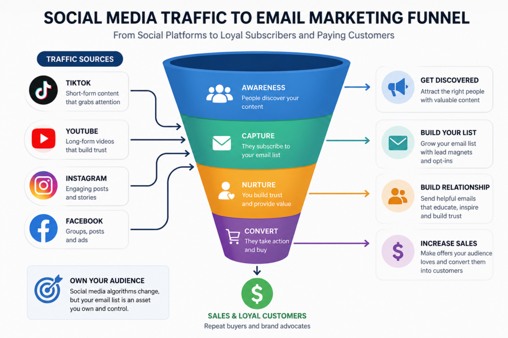 diagram showing social media traffic flowing into an email marketing funnel for conversions