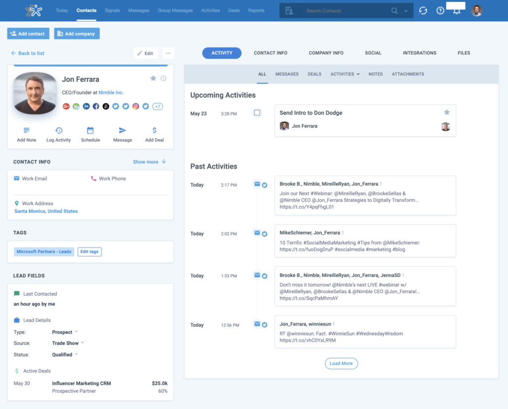 Nimble CRM social contact profiles within the dashboard.