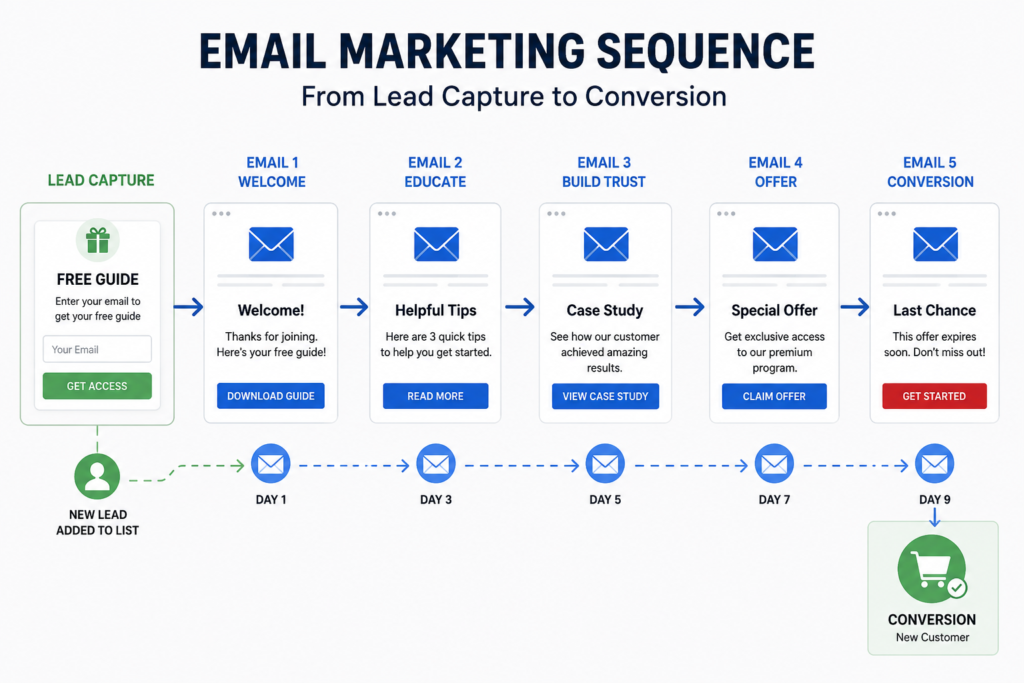A visual representation of an email marketing sequence, showing emails flowing from lead capture to conversion.