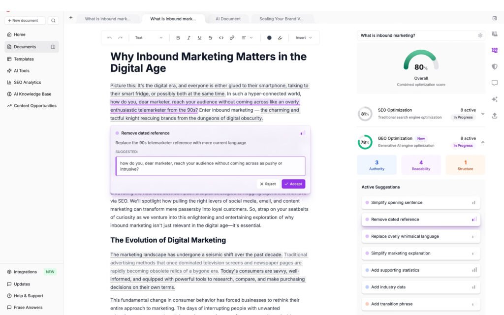 Frase AI SEO content optimization and SERP analysis dashboard