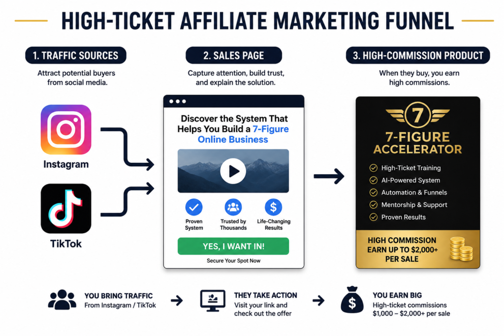 A diagram illustrating the high-ticket affiliate marketing funnel, with traffic sources (Instagram/TikTok) leading to a sales page and then to a high-commission product.
