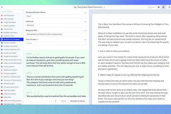 Jasper AI writing assistant generating SEO blog content for small businesses