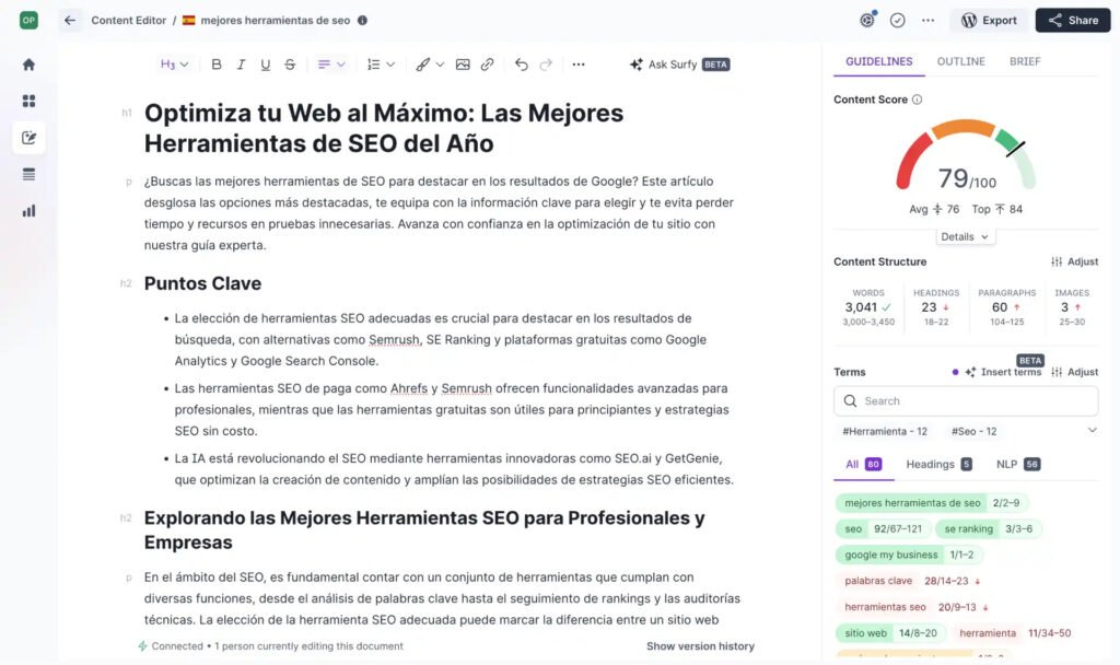 Surfer SEO AI content optimization dashboard for small business SEO
