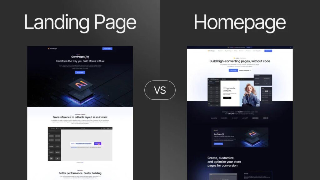 Screenshot showing the difference between a homepage and a landing page.