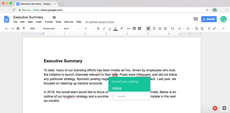 A screenshot showing Grammarly improving a piece of marketing copy inside Google Docs.