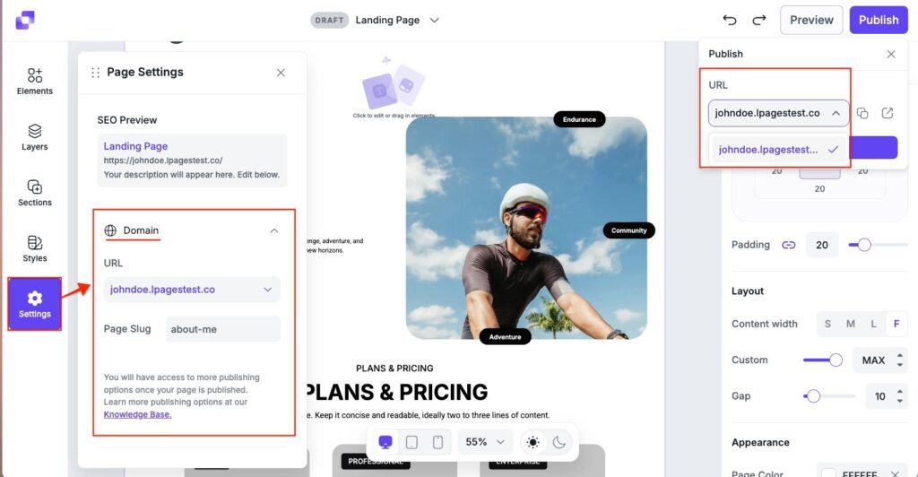 Leadpages dashboard and landing page editor.