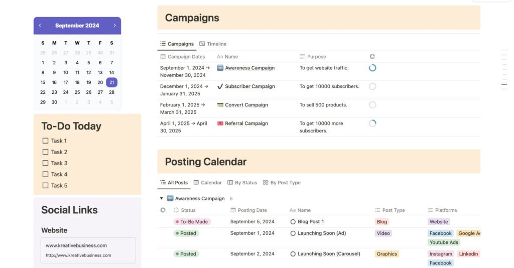 A screenshot of a Notion marketing dashboard featuring a content calendar and campaign planner.