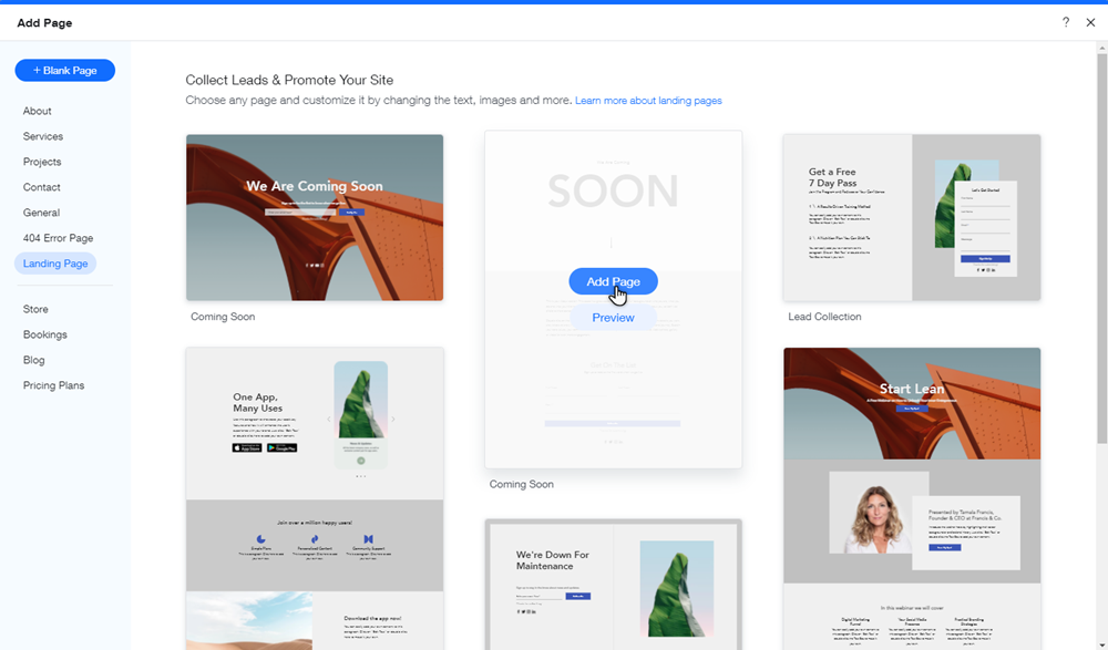 Wix landing page template gallery