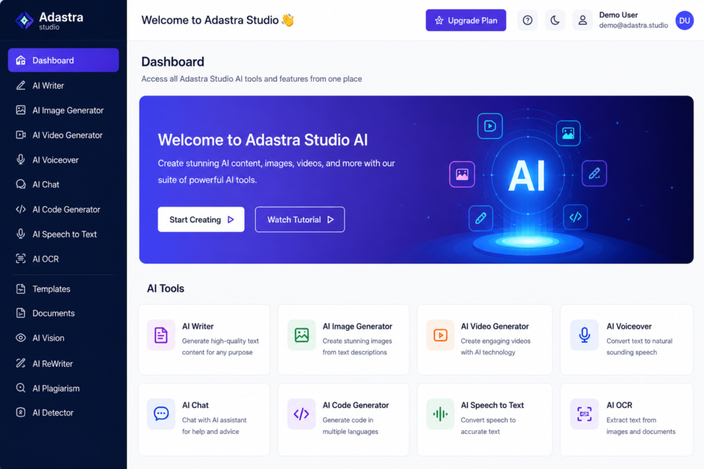 Adastra Studio AI dashboard showing the platform's AI writing, image generation, video, chat, and productivity tools.
