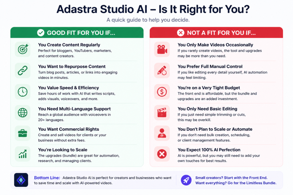 Adastra Studio AI Good Fit vs Not a Fit comparison graphic showing who should use the AI video creation platform and who may want to consider alternatives.