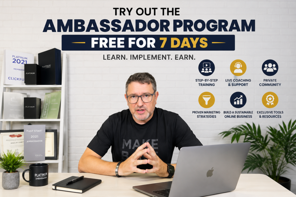 Ambassador Program John Thornhill Review 2026 showing the coaching dashboard, training features, and 7-day trial for affiliate marketers.