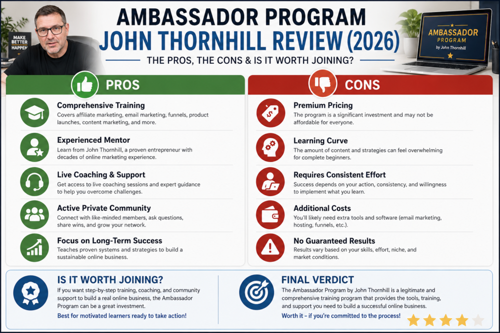 Ambassador Program John Thornhill Review 2026 infographic comparing the pros, cons, pricing, features, and final verdict for affiliate marketers.