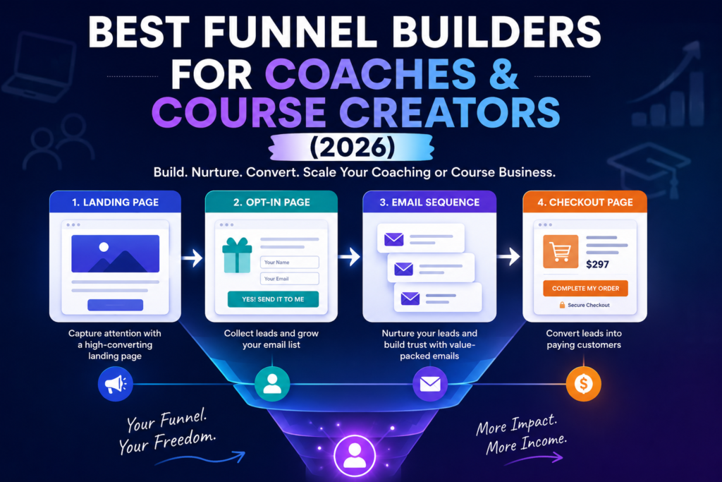 Funnel builders for coaches and course creators 2026 showing a simple sales funnel from landing page to opt-in, email sequence, and checkout.