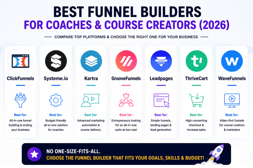 Side-by-side comparison of the best funnel builders for coaches and course creators in 2026, highlighting ClickFunnels, Systeme.io, Kartra, GrooveFunnels, Leadpages, ThriveCart, and WaveFunnels with their ideal use cases.