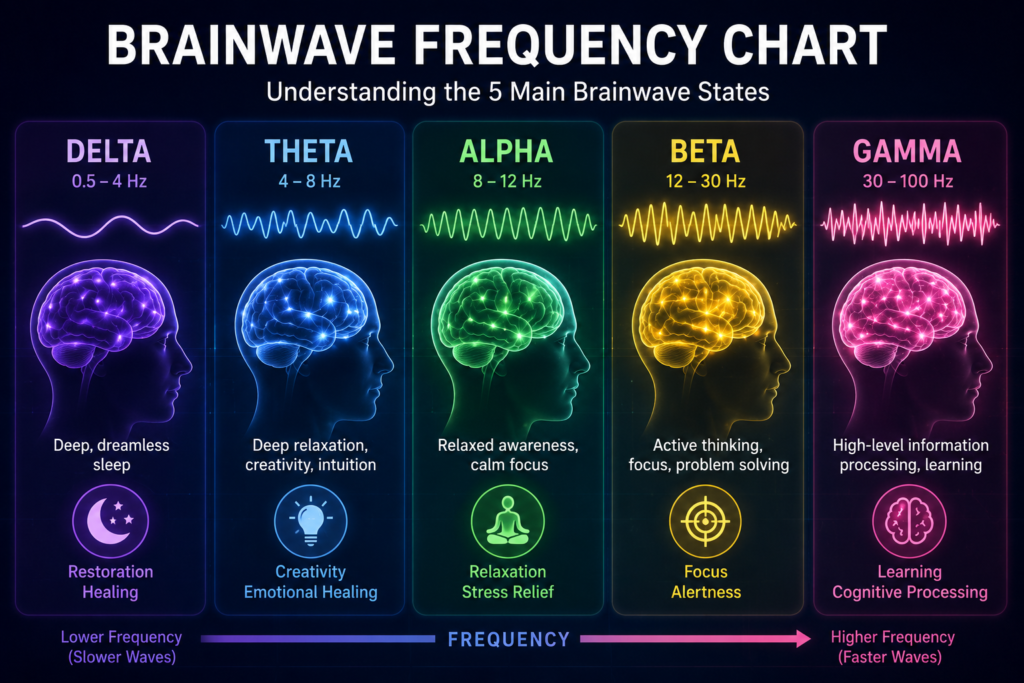 Brainwave frequency chart showing Delta, Theta, Alpha, Beta, and Gamma brainwave states explained in The Brain Song reviews.