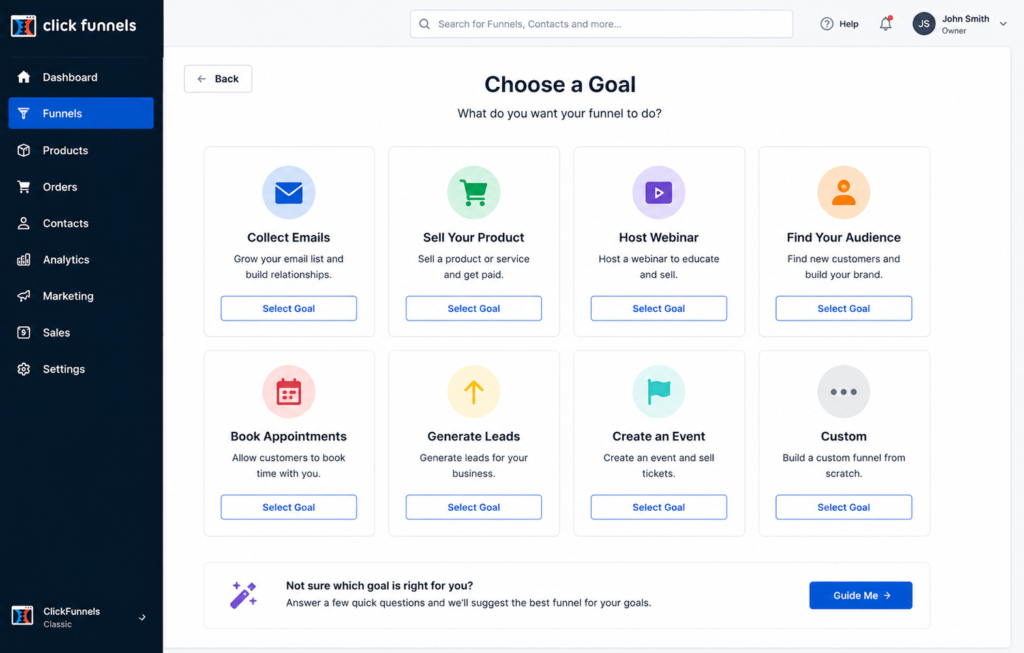 ClickFunnels choose a goal screen