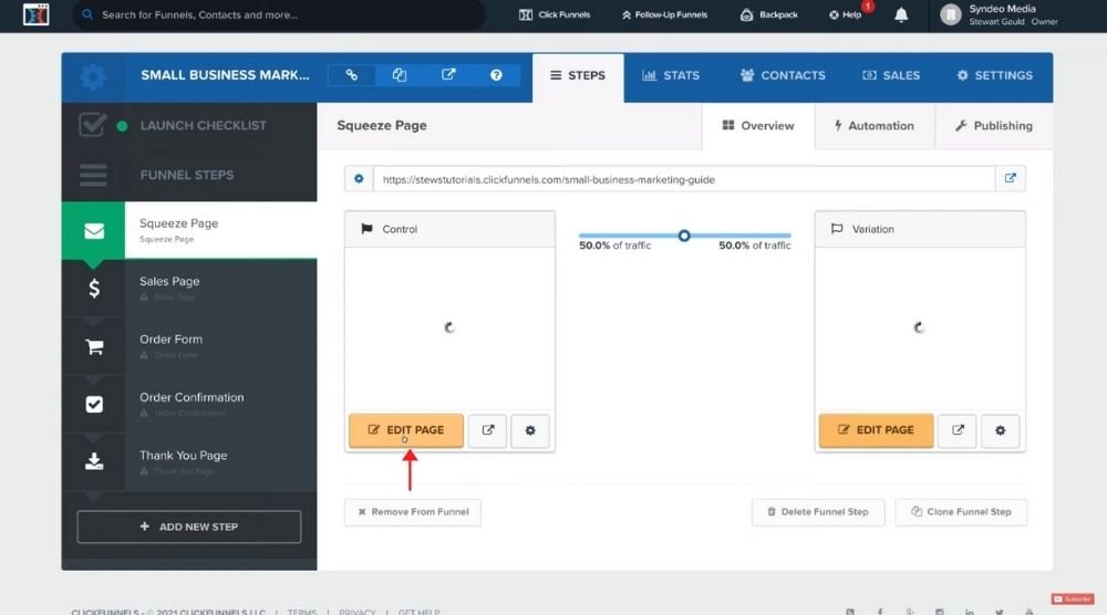 ClickFunnels dashboard featuring the drag-and-drop sales funnel builder and marketing tools.