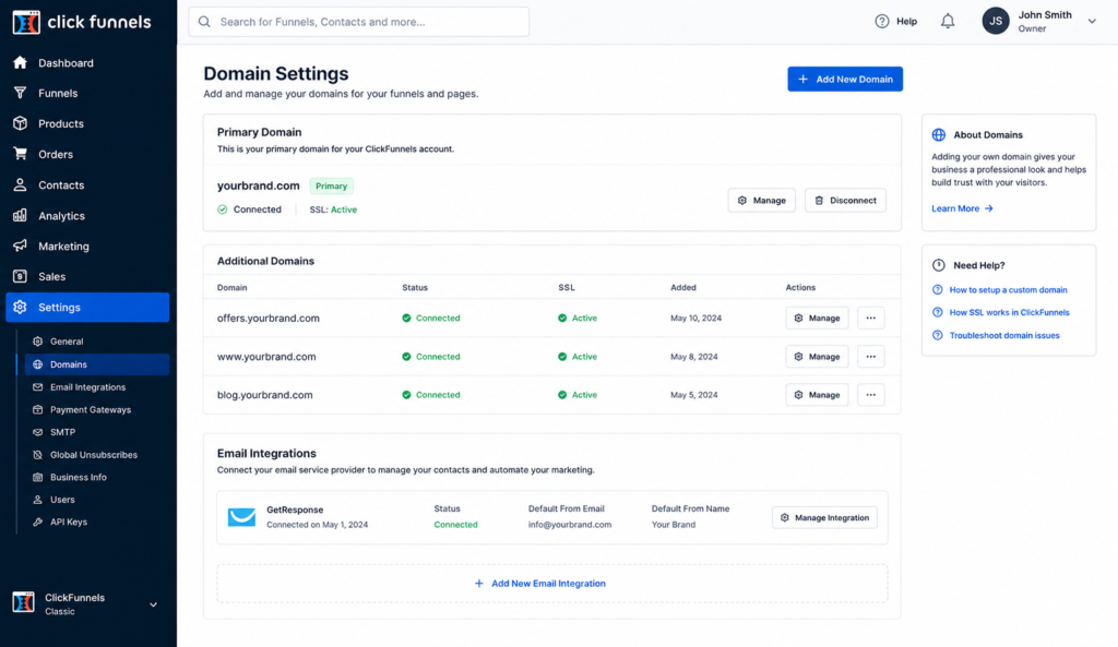 ClickFunnels domain and email integration settings