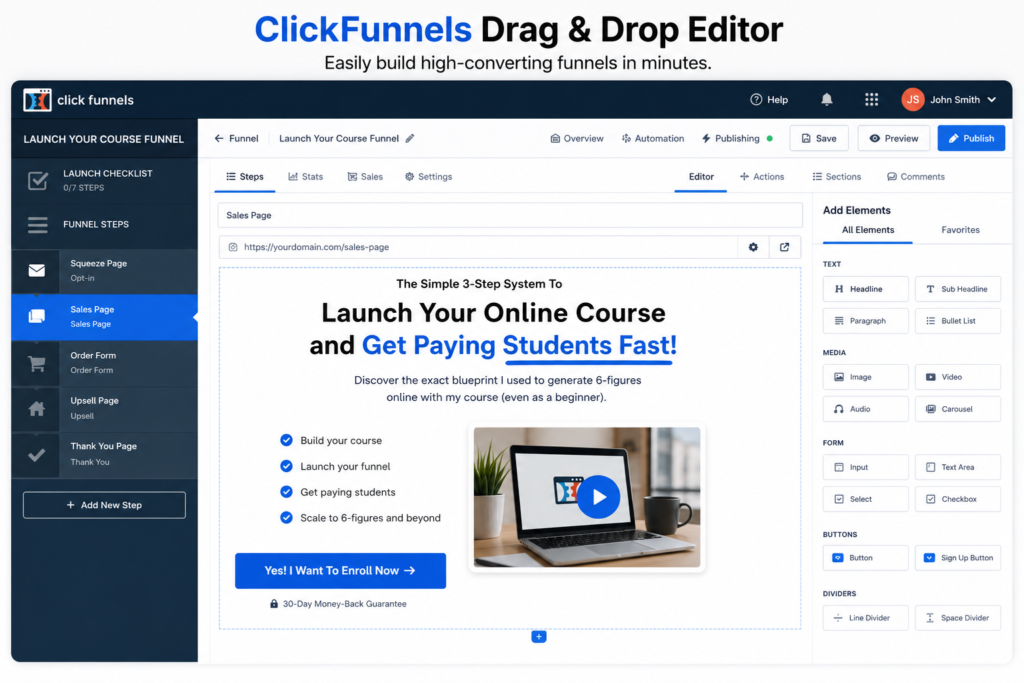 ClickFunnels drag-and-drop funnel editor dashboard showing a sales funnel template builder for coaches and course creators.