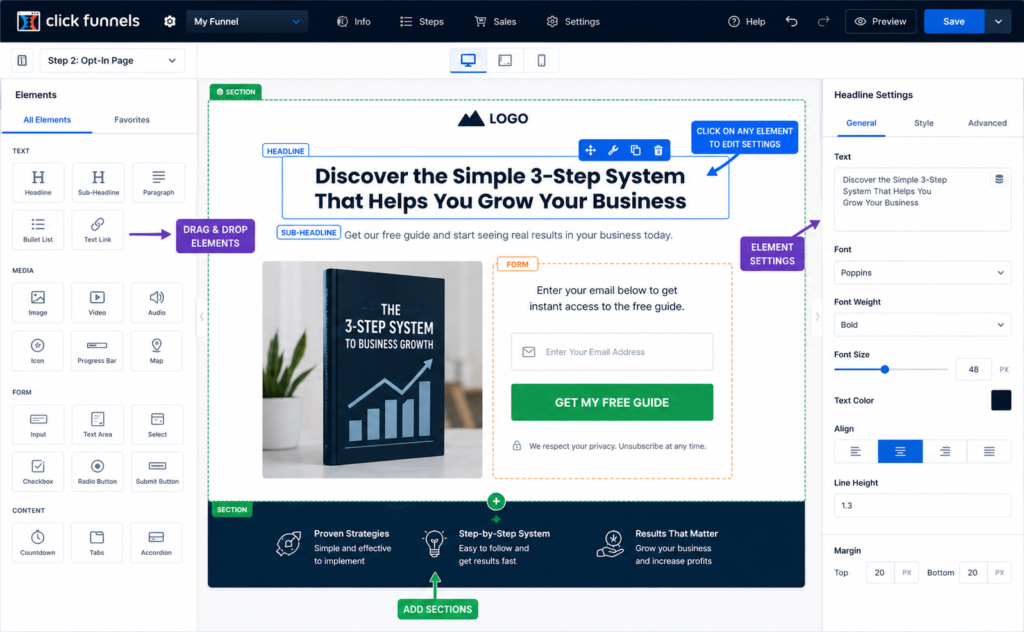 ClickFunnels drag-and-drop page editor with customizable elements and visual page builder interface