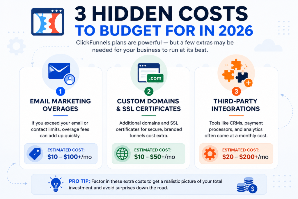 ClickFunnels hidden costs 2026 including email overages, custom domains, SSL certificates, and third-party integrations.