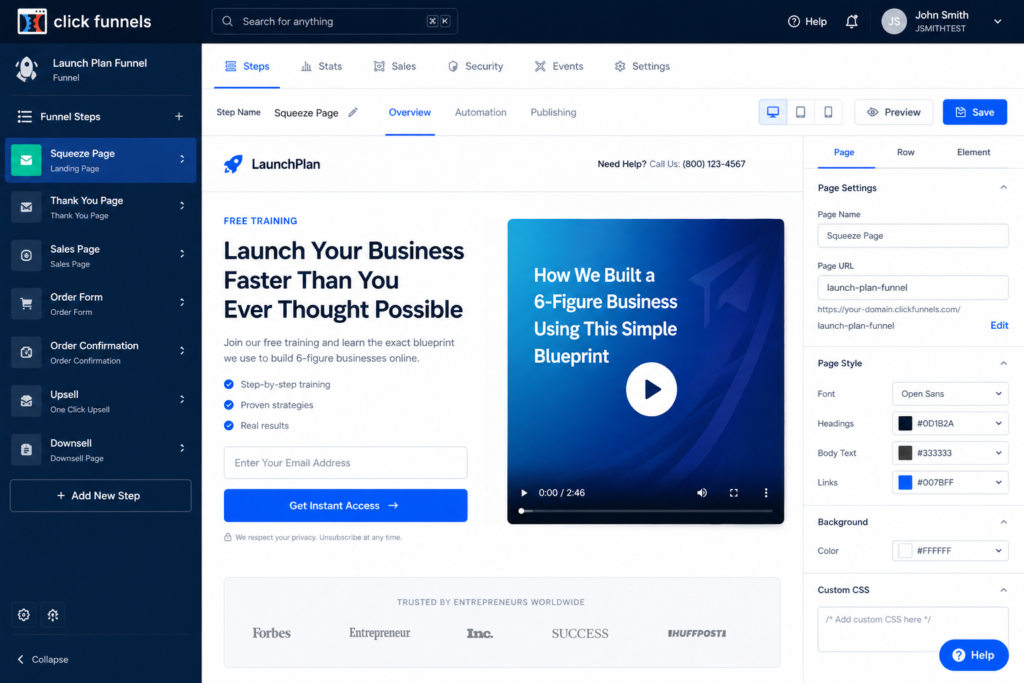 ClickFunnels Launch plan funnel builder interface showing a landing page editor in 2026