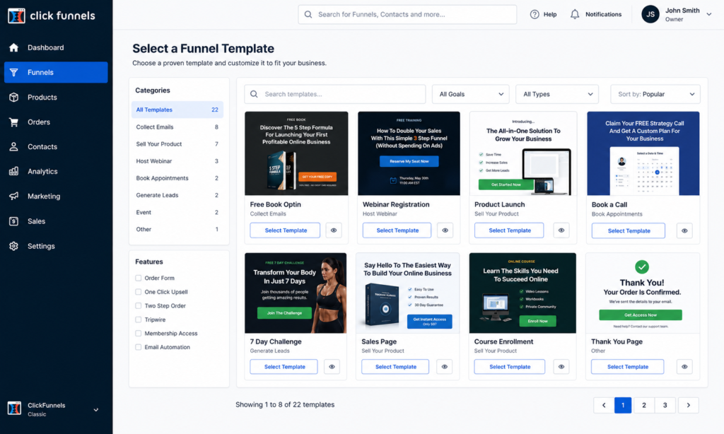 ClickFunnels template library selection screen showing funnel templates for lead generation, webinars, sales pages, and product launches.