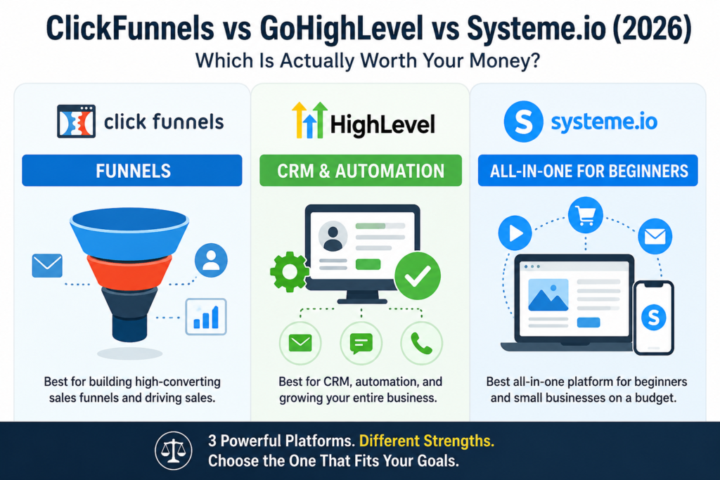 Comparison infographic showing ClickFunnels as a funnel builder, GoHighLevel as a CRM and marketing automation platform, and Systeme.io as an all-in-one marketing platform for beginners in 2026.