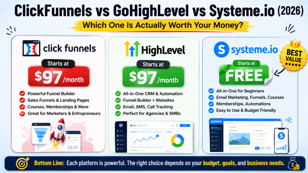 Comparison graphic showing ClickFunnels, GoHighLevel, and Systeme.io pricing in 2026, highlighting Systeme.io's free plan alongside the starting prices of the other two platforms.