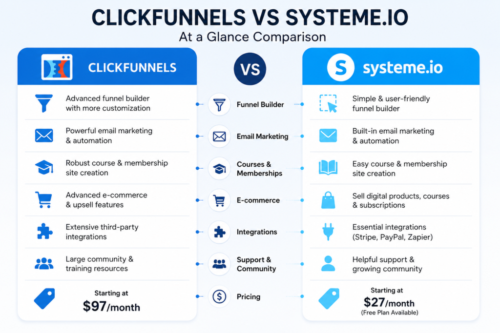 nfographic comparing ClickFunnels and Systeme.io features including pricing, funnels, email marketing, automation, and online courses.