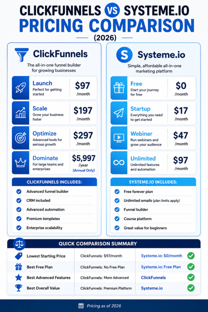 Pricing comparison between ClickFunnels and Systeme.io highlighting plans, features, and overall value.