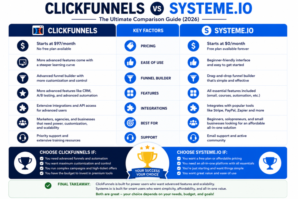 Comparison of customer support resources available in ClickFunnels and Systeme.io.